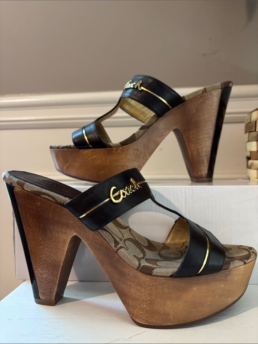 Coach Black Leather & Wood-Platform Sandals with Gold Trim